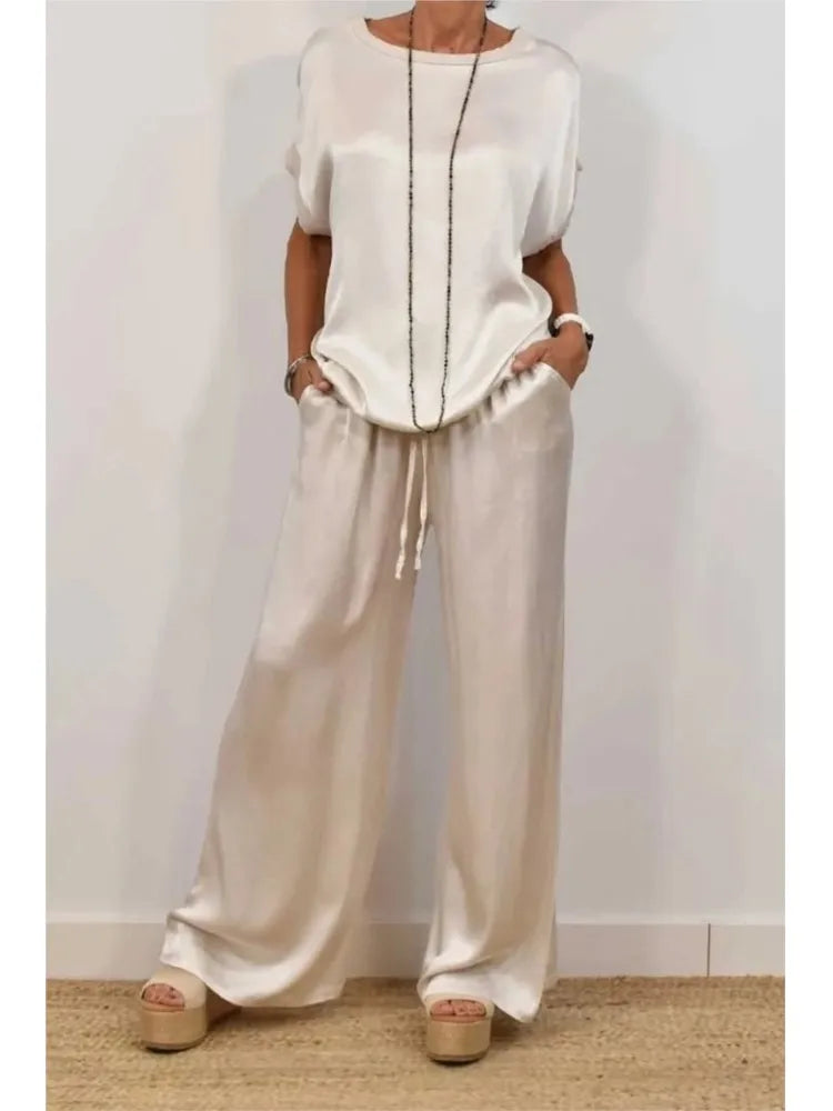 Women's Satin O-neck Short Sleeve Top + Wide Leg Pant Casual Loose Set - Premium Sets from Craftklart Dropship - Just $11.53! Shop now at Craftklart.store