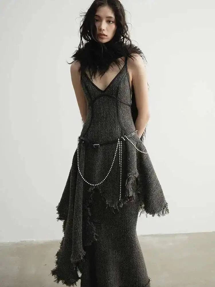 Women 25% Wool Irregular Burr Hem Vintage Long Dress | Minimalist Streetwear | Craftklart