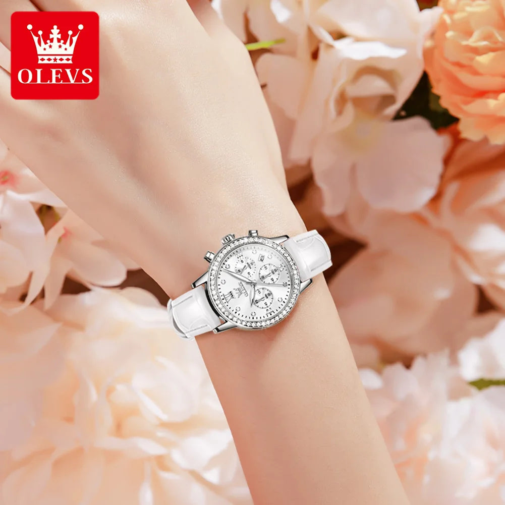 Women's Diamond Quartz Waterproof Luminous Leather Strap Wristwatch
