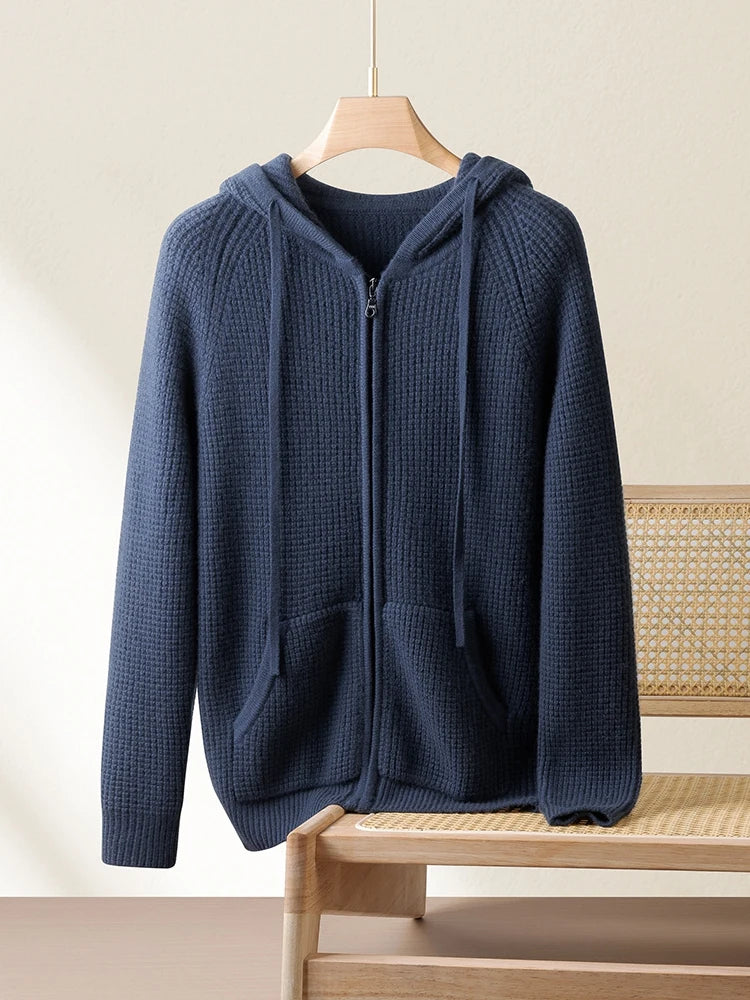 Urban Casual Knitted Hooded Cardigan 100% Pure Cashmere