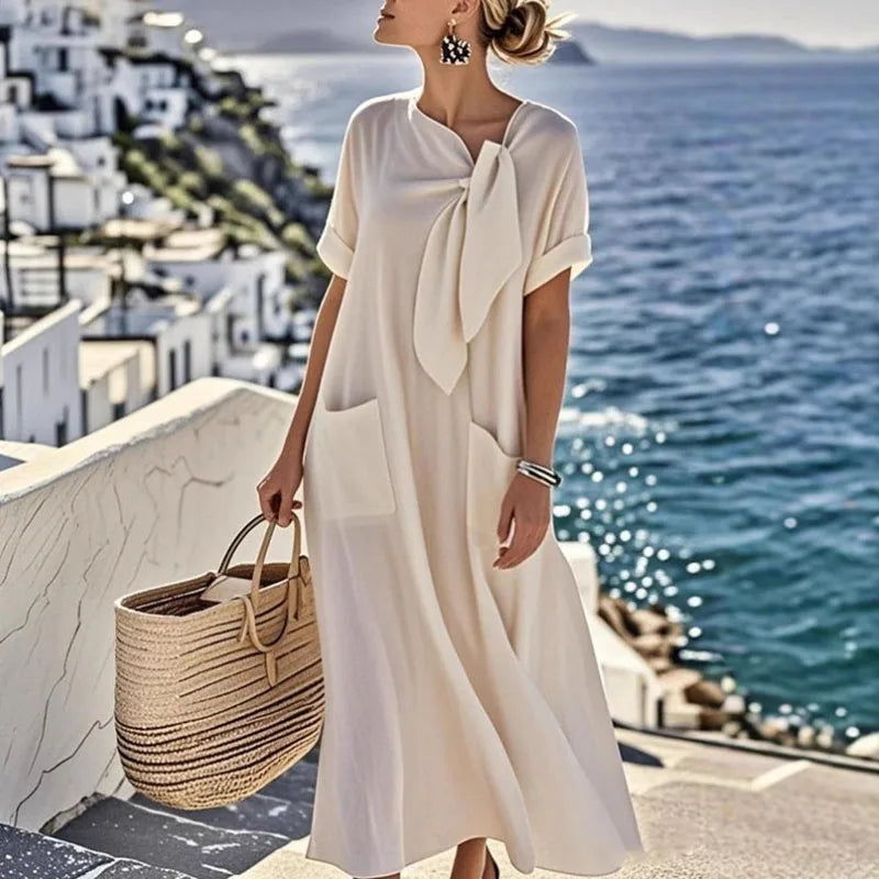 Vintage Crew Neck Lace-up Loose Long Dress