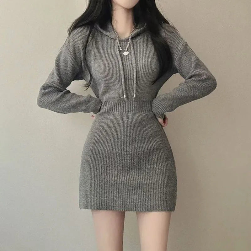 Woman White Knit Korean Elastic High Waist Mini Dresses