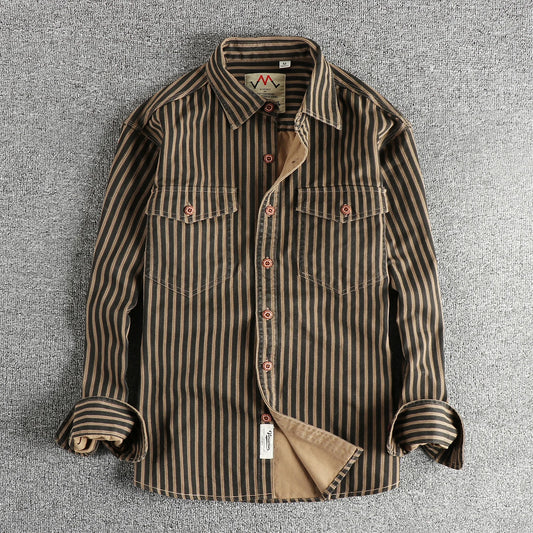 Men's American Retro Stripe Long-Sleeve Lapel Shirt - Premium Shirt from Craftklart Dropship - Just $30.30! Shop now at Craftklart.store