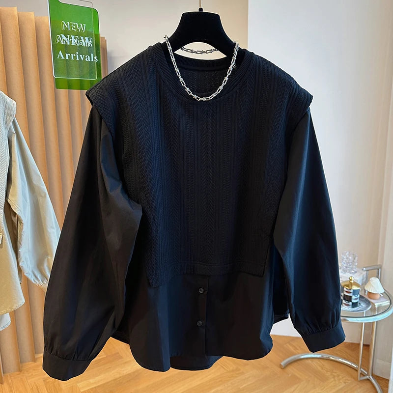 Korean Style Round Neck Patchwork Chic Blouse - Premium Blouse from Craftklart Dropship - Just $34.04! Shop now at Craftklart.store