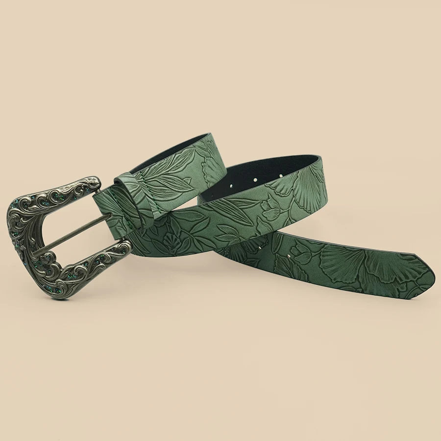 Vintage Dark Color Carved Women's Belt with Leaf Print