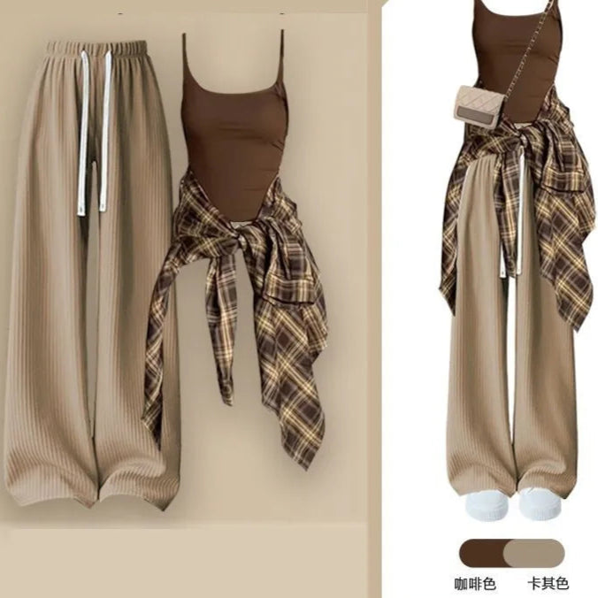 Korean Matching Urban Girl Plaid Shirt+Sling+Sport Pants Set - Craftklart.store