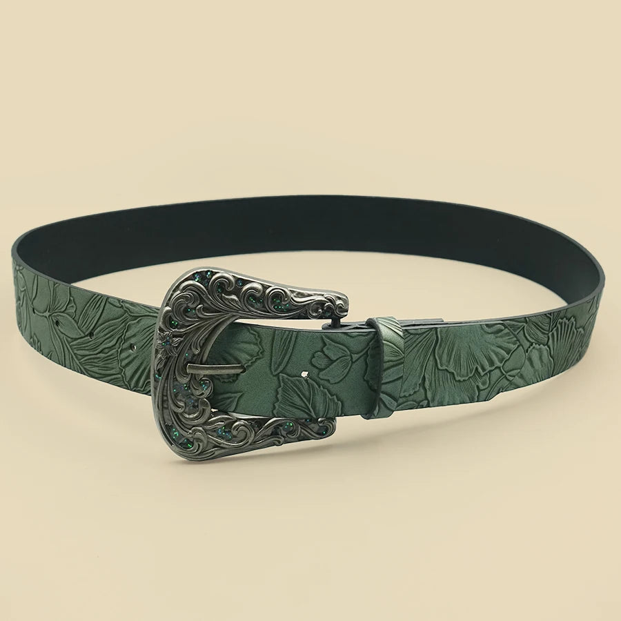 Vintage Dark Color Carved Women's Belt with Leaf Print