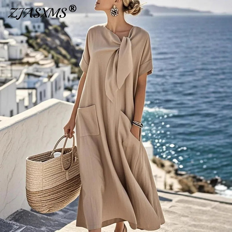 Vintage Crew Neck Lace-up Loose Long Dress