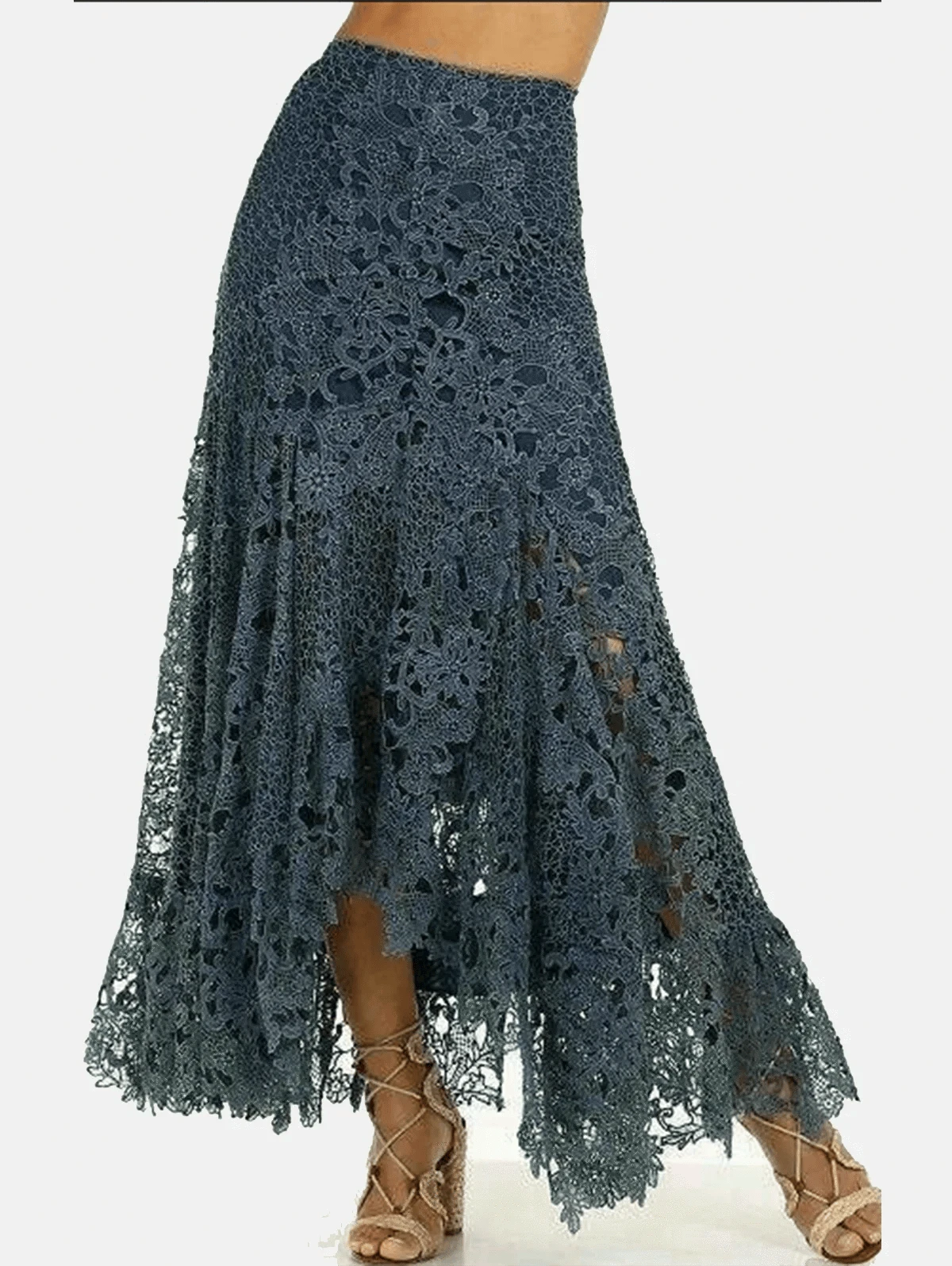 Women's urban chic street style lace asymmetrical skirt by Craftklart, featuring layered fabric and modern asymmetrical hem.