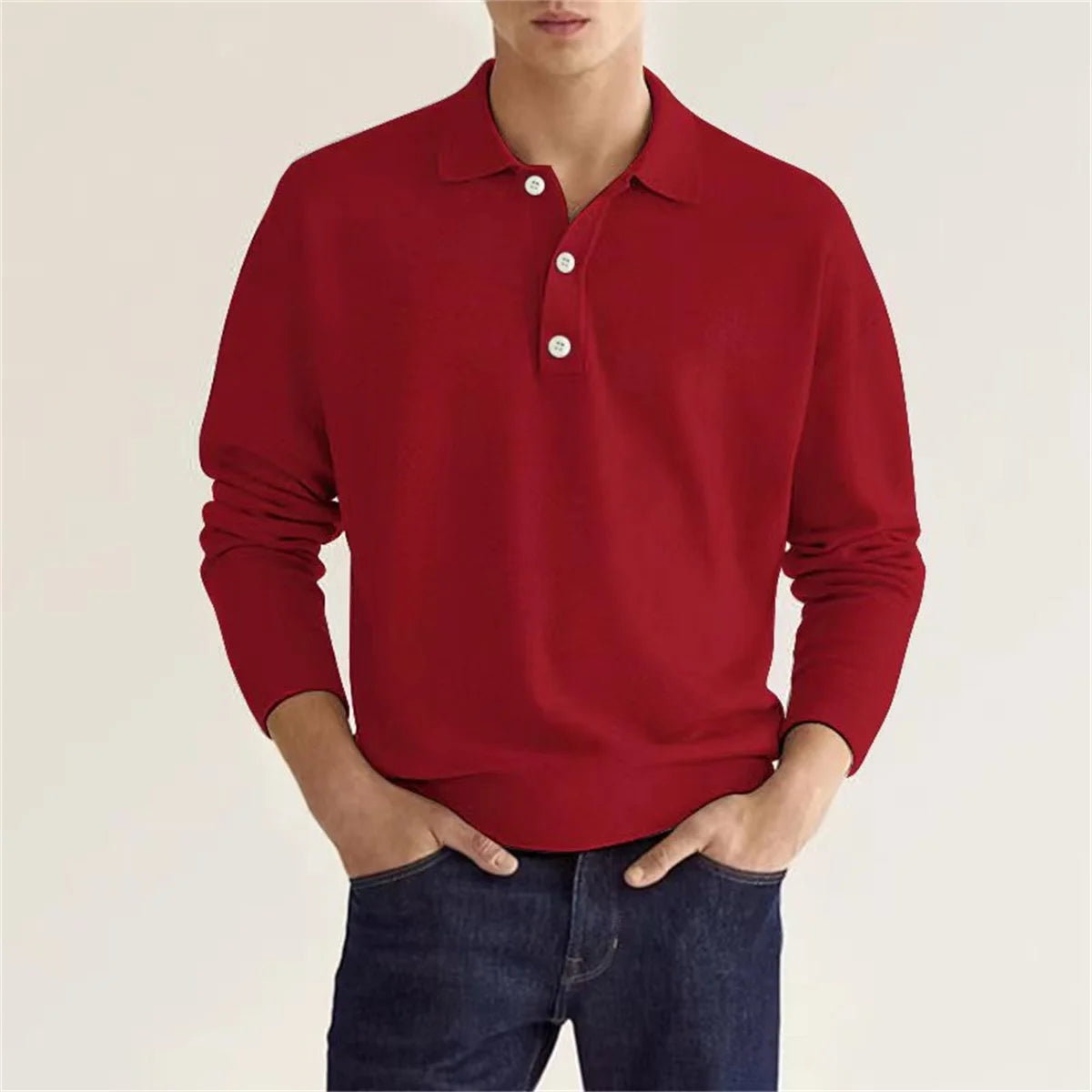 Men's Relaxed Breathable Solid Color Button V-Neck Long-Sleeved Polo Shirt - Premium Sweater from Craftklart.store - Just $14! Shop now at Craftklart.store