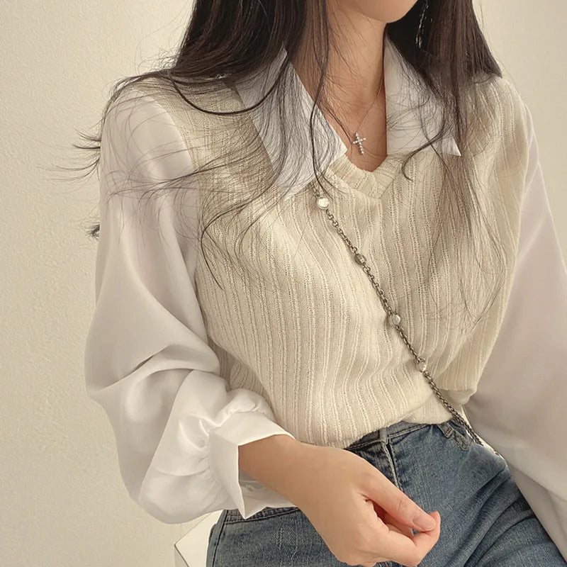 Chic Knitted Patchwork Blouse Shirts - Premium Blouse from Craftklart Dropship - Just $5! Shop now at Craftklart.store