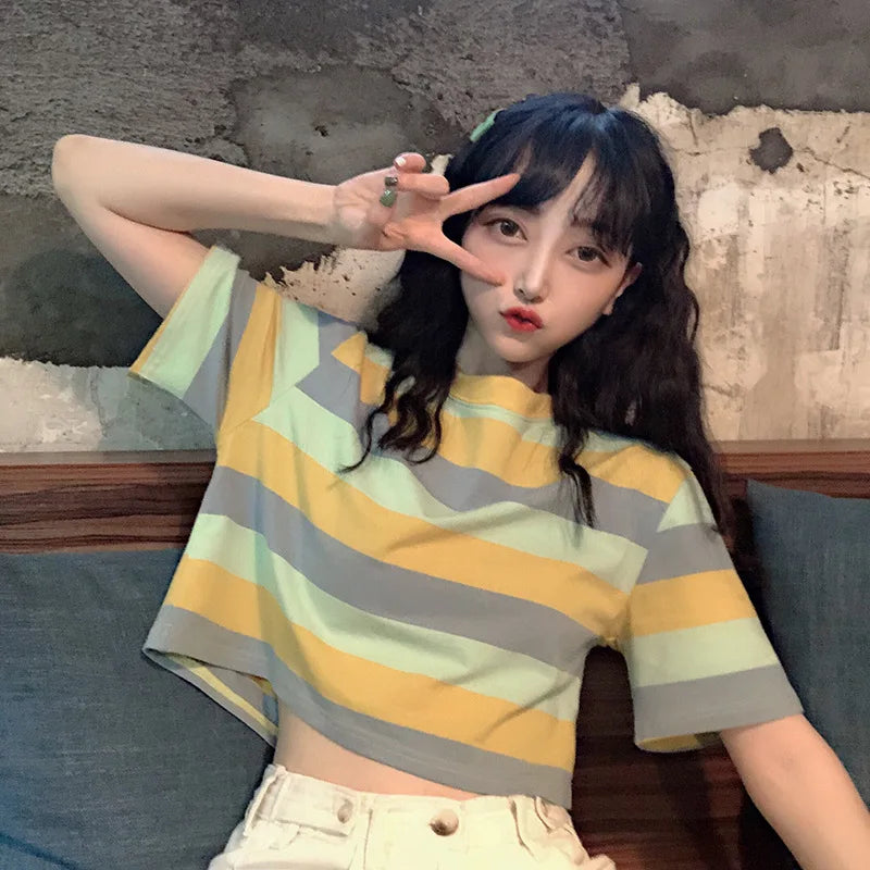 Woman's Casual O Neck Striped Short Sleeve Top - Premium T-Shirt from Craftklart Dropship - Just $6.89! Shop now at Craftklart.store