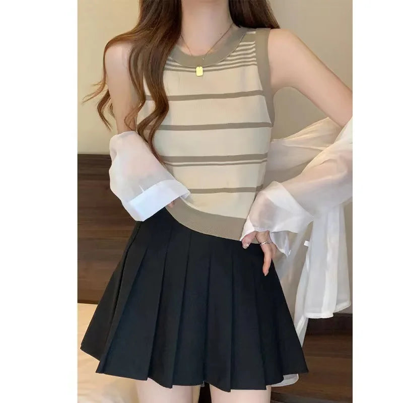 Women's Striped Knitting Sleeveless Contrasting Tops (Pink/Black and White) - Premium Shirts & Tops from Craftklart Dropship - Just $6.20! Shop now at Craftklart.store