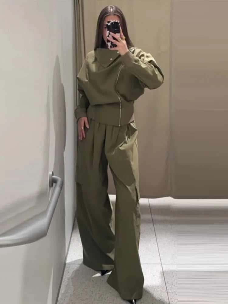 Women Stand Collar Full Sleeve Coat High Waist Wide Leg Pant Set