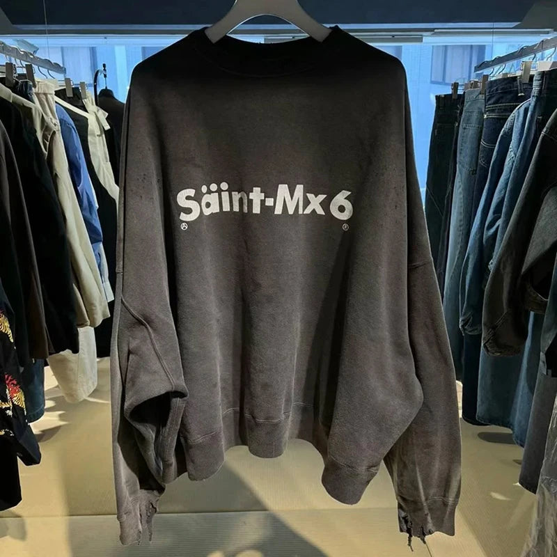 Men's Simple Letter Green Black Damaged Sweatshirts