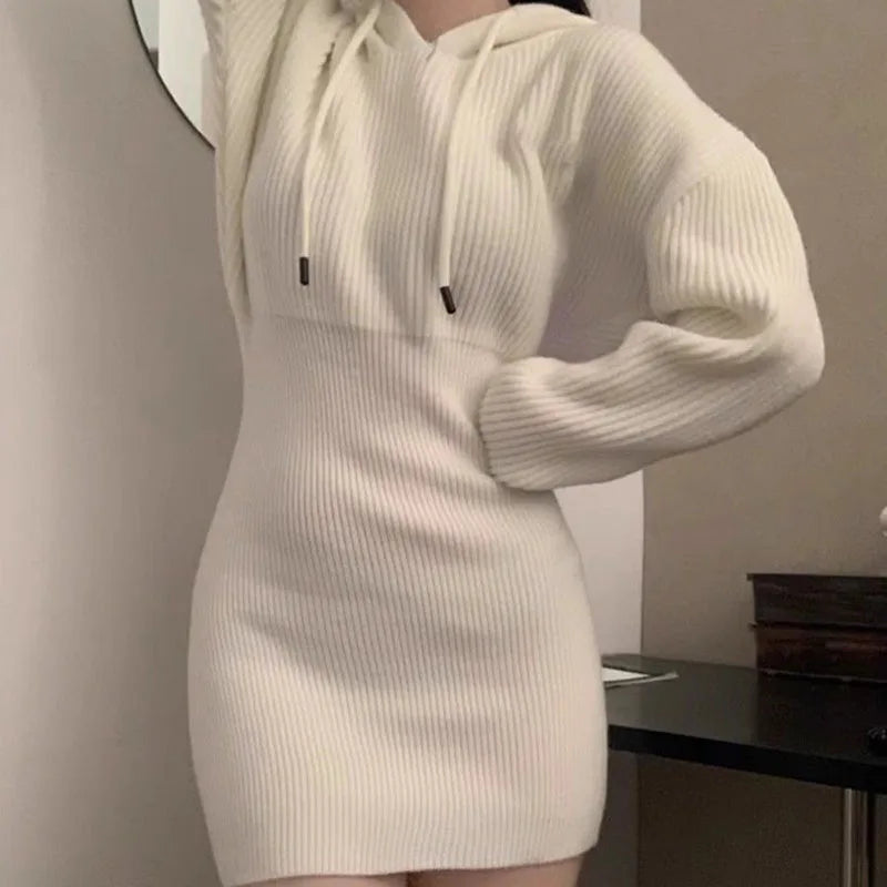 Woman White Knit Korean Elastic High Waist Mini Dresses