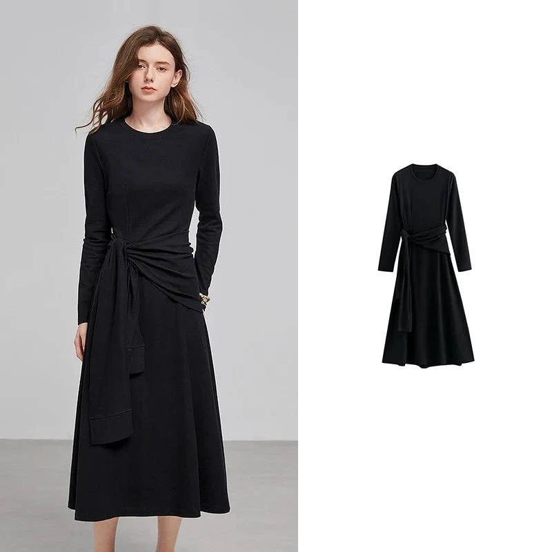 Black women's dress with back waist hollow out strap design, slim fit, medium length, crafted by Craftklart Dropship.