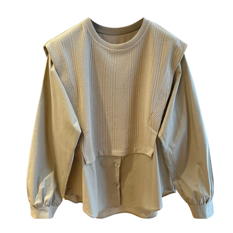 Korean Style Round Neck Patchwork Chic Blouse - Premium Blouse from Craftklart Dropship - Just $34.04! Shop now at Craftklart.store