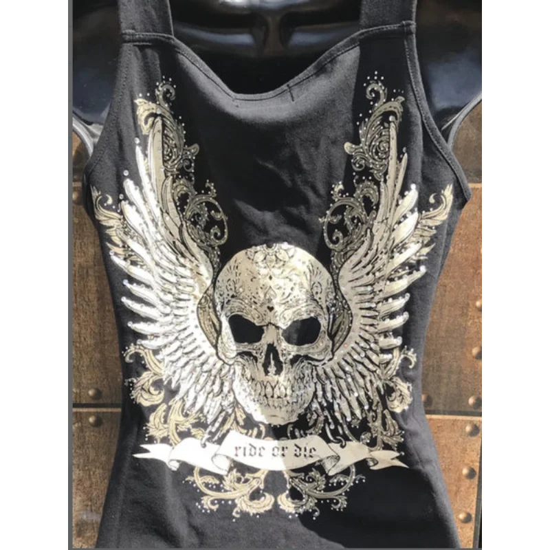 Women's Urban Punk Round Neck Long Slim Fit Skull Top