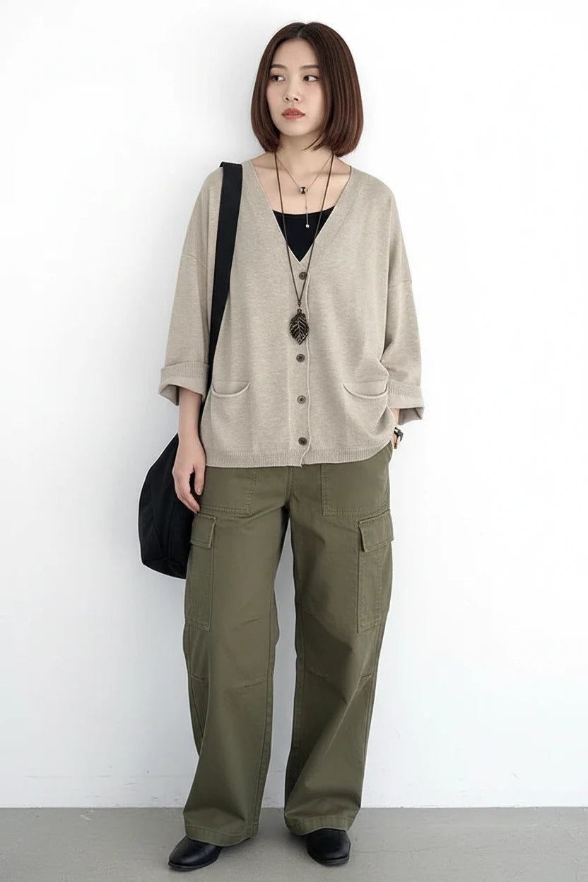 Loose Knit Cardigan — V-Neck, Button Front