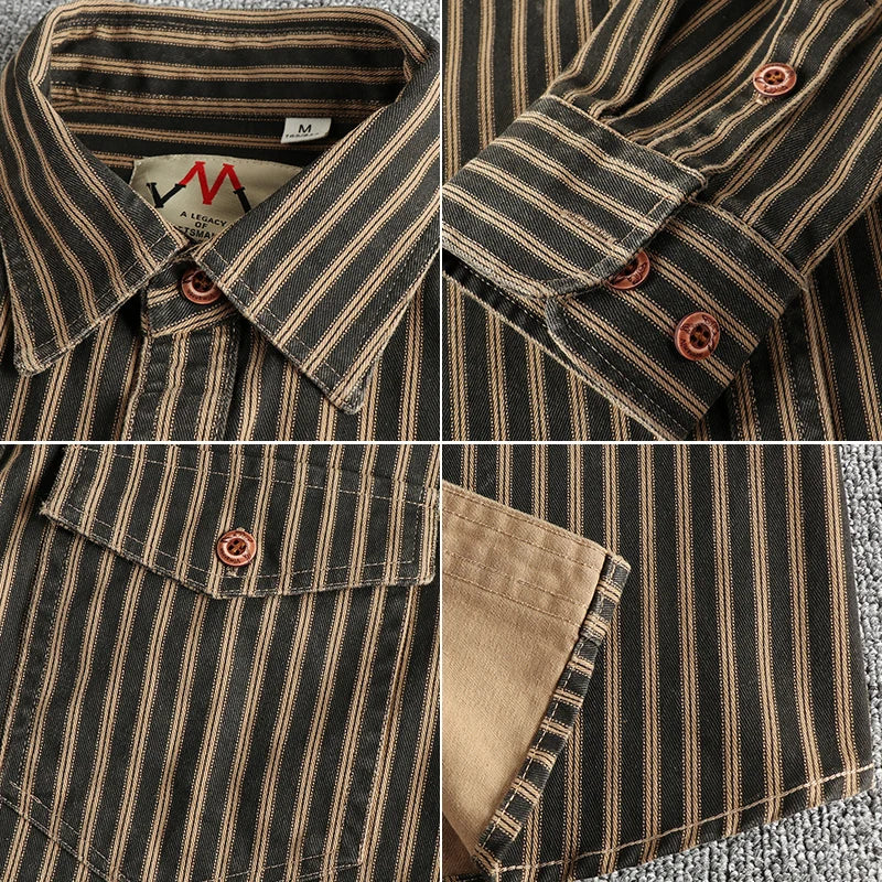 Men's American Retro Stripe Long-Sleeve Lapel Shirt - Premium Shirt from Craftklart Dropship - Just $30.30! Shop now at Craftklart.store