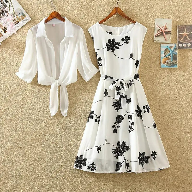 Dress High Waist Sleeveless Slim A-line Skirt Floral Embroidery White Top - Premium Set from Craftklart Dropship - Just $19.55! Shop now at Craftklart.store
