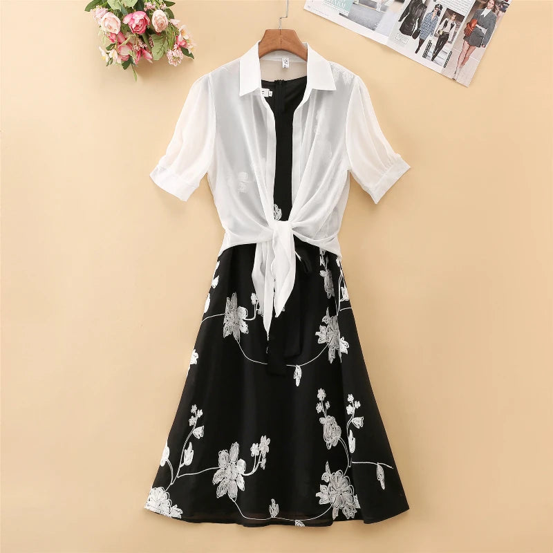 Dress High Waist Sleeveless Slim A-line Skirt Floral Embroidery White Top - Premium Set from Craftklart Dropship - Just $19.55! Shop now at Craftklart.store