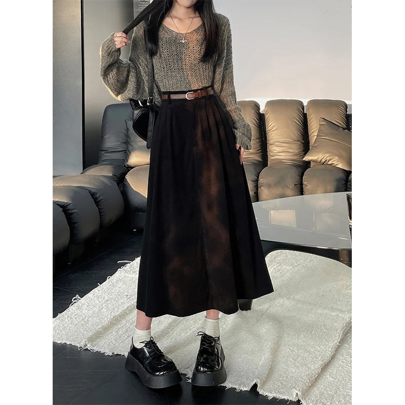 Women's High Waist Vintage Belt Corduroy Midi Skirt - Premium Skirt from Craftklart Dropship - Just $13.06! Shop now at Craftklart.store