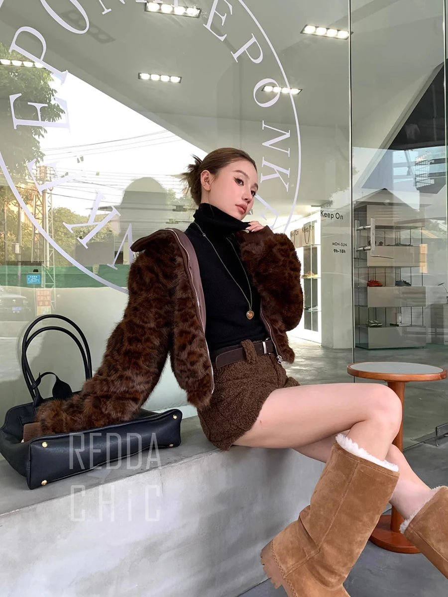 Turtleneck Leopard Shaggy Bomber Jacket Women