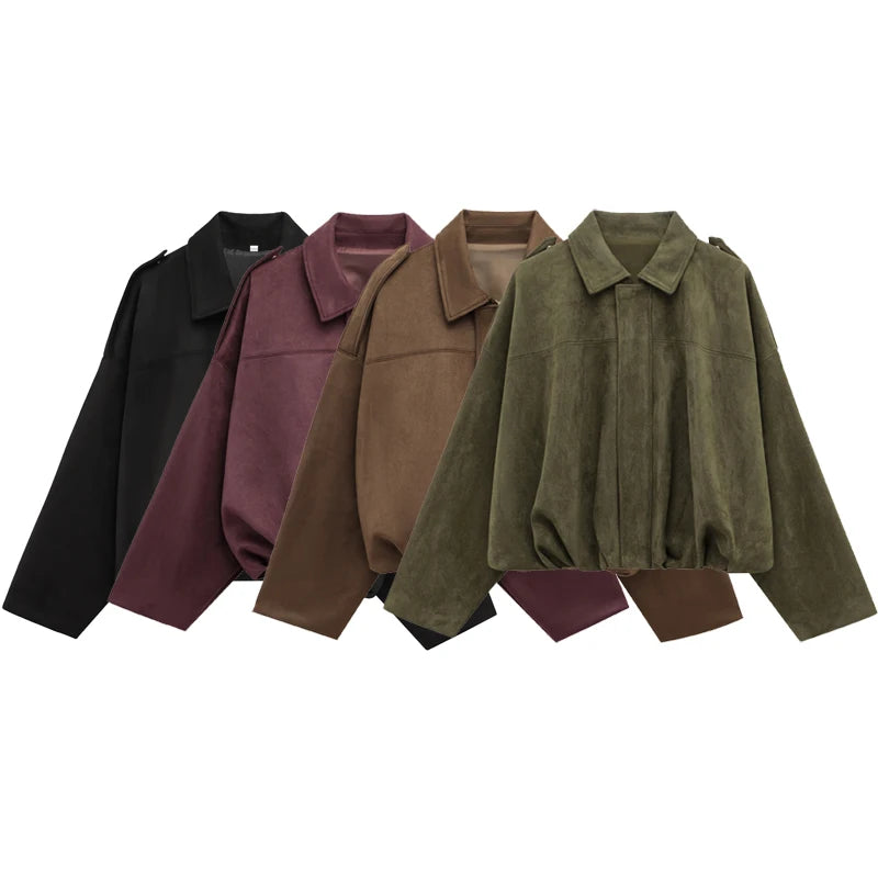 Women's Lapel Long Sleeve Zipper Suede Bomber Jacket
