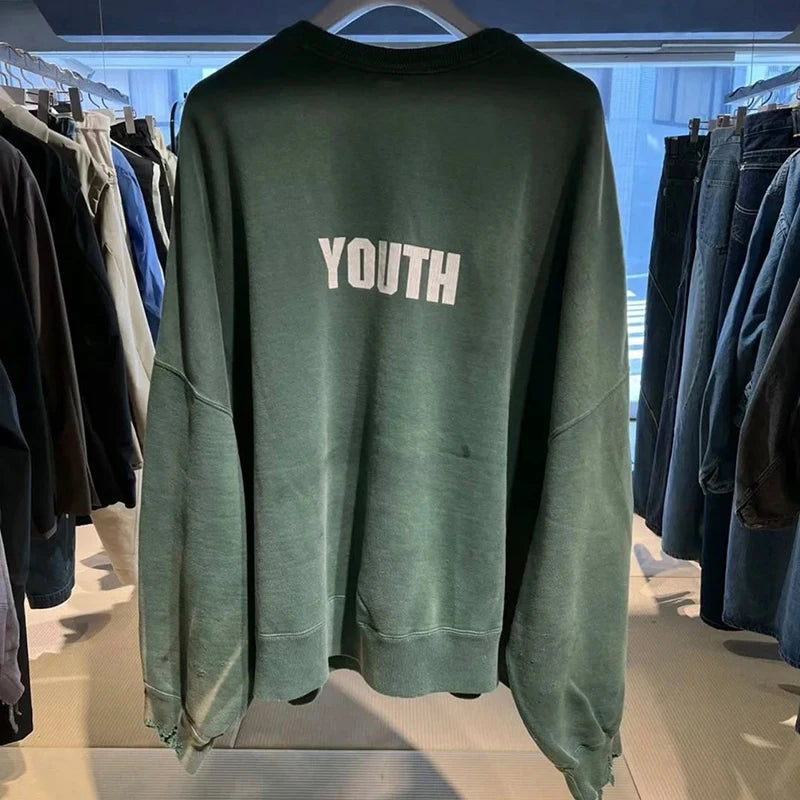 Men's Simple Letter Green Black Damaged Sweatshirts