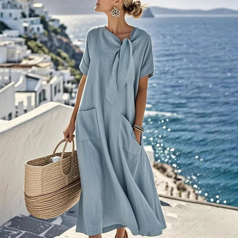 Vintage Crew Neck Lace-up Loose Long Dress