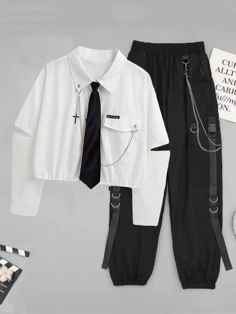 Punk Style Women Shirt Gothic Harajuku Dark Tie And Chain - Premium Shirt from Craftklart Dropship - Just $20.13! Shop now at Craftklart.store