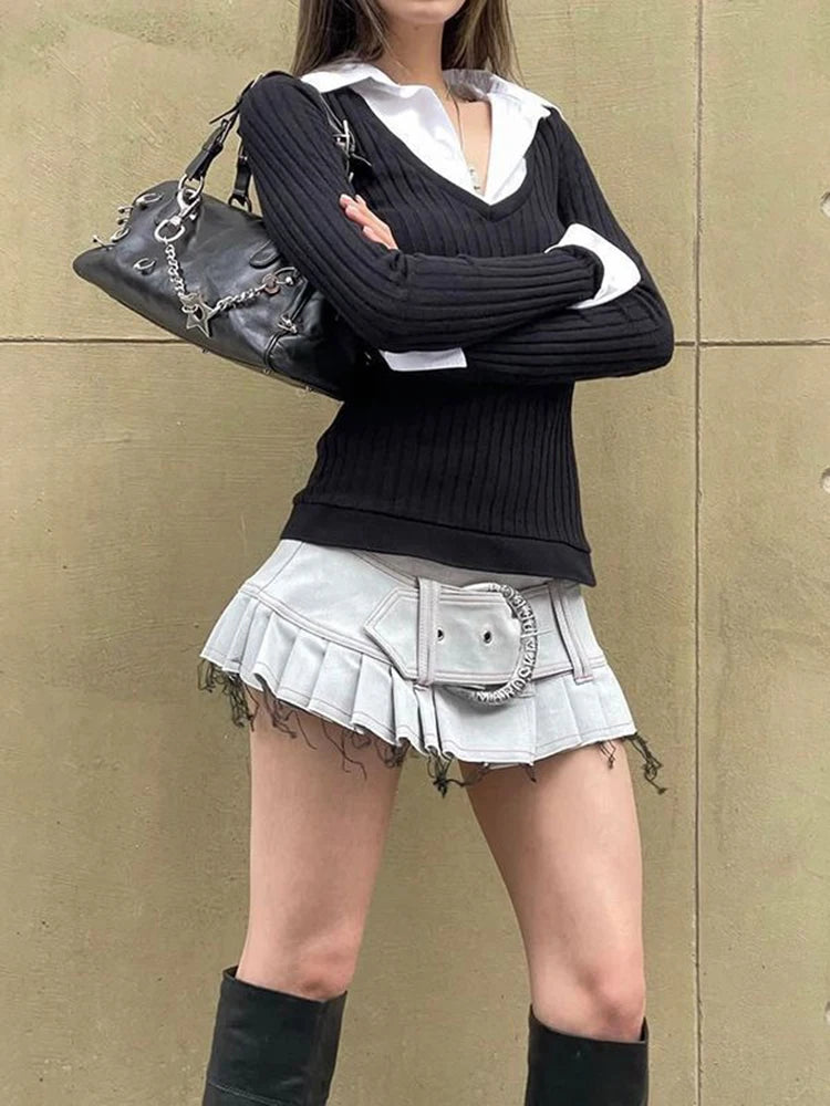 Y2k Vintage Contrast Color Patchwork Knit Long-sleeved T-shirt - Premium T-Shirt from Craftklart.store - Just $10.59! Shop now at Craftklart.store