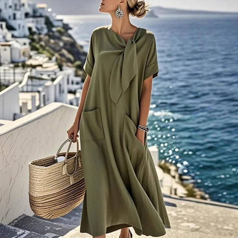 Vintage Crew Neck Lace-up Loose Long Dress