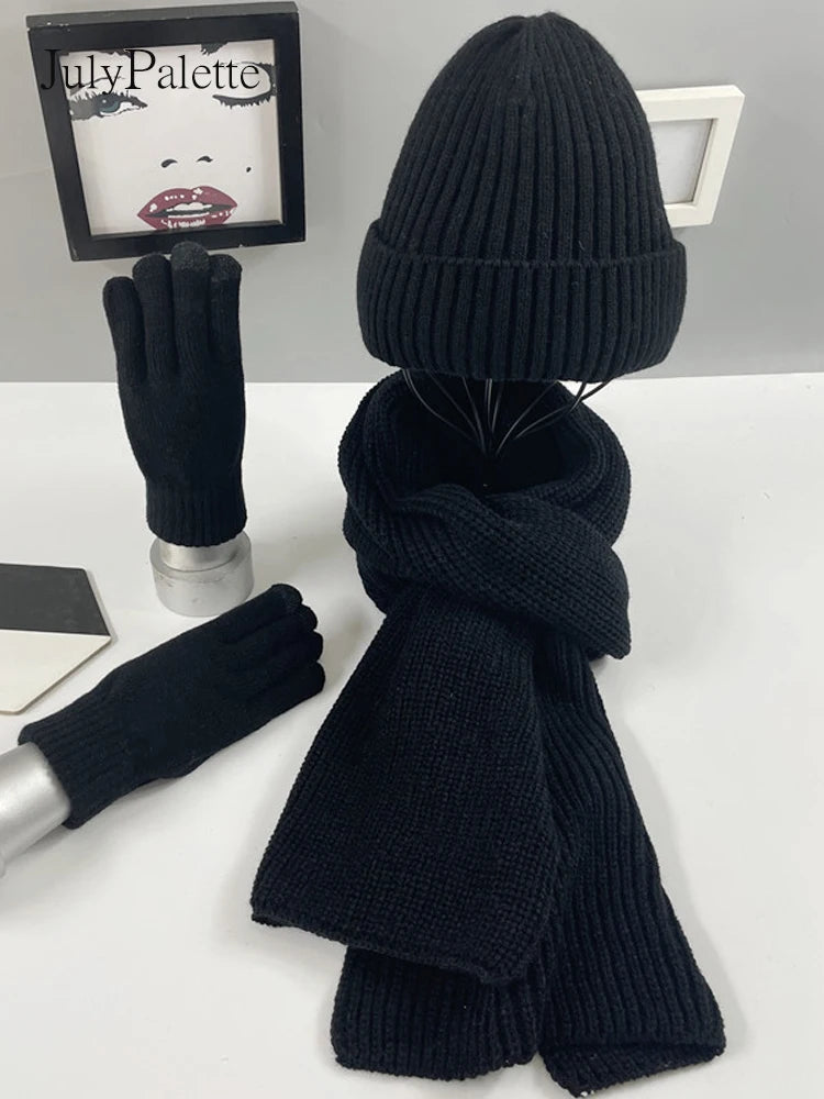 3Pcs Knitted Set Winter Warm Beanie Hat Long Scarf & Gloves - Craftklart.store