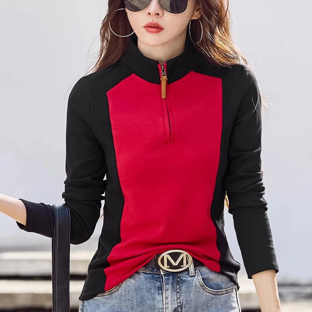 Korean Version High Neck Zipper Long Sleeved T-shirt for Women