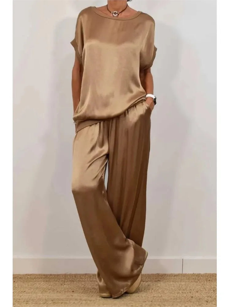Women's Satin O-neck Short Sleeve Top + Wide Leg Pant Casual Loose Set - Premium Sets from Craftklart Dropship - Just $11.53! Shop now at Craftklart.store