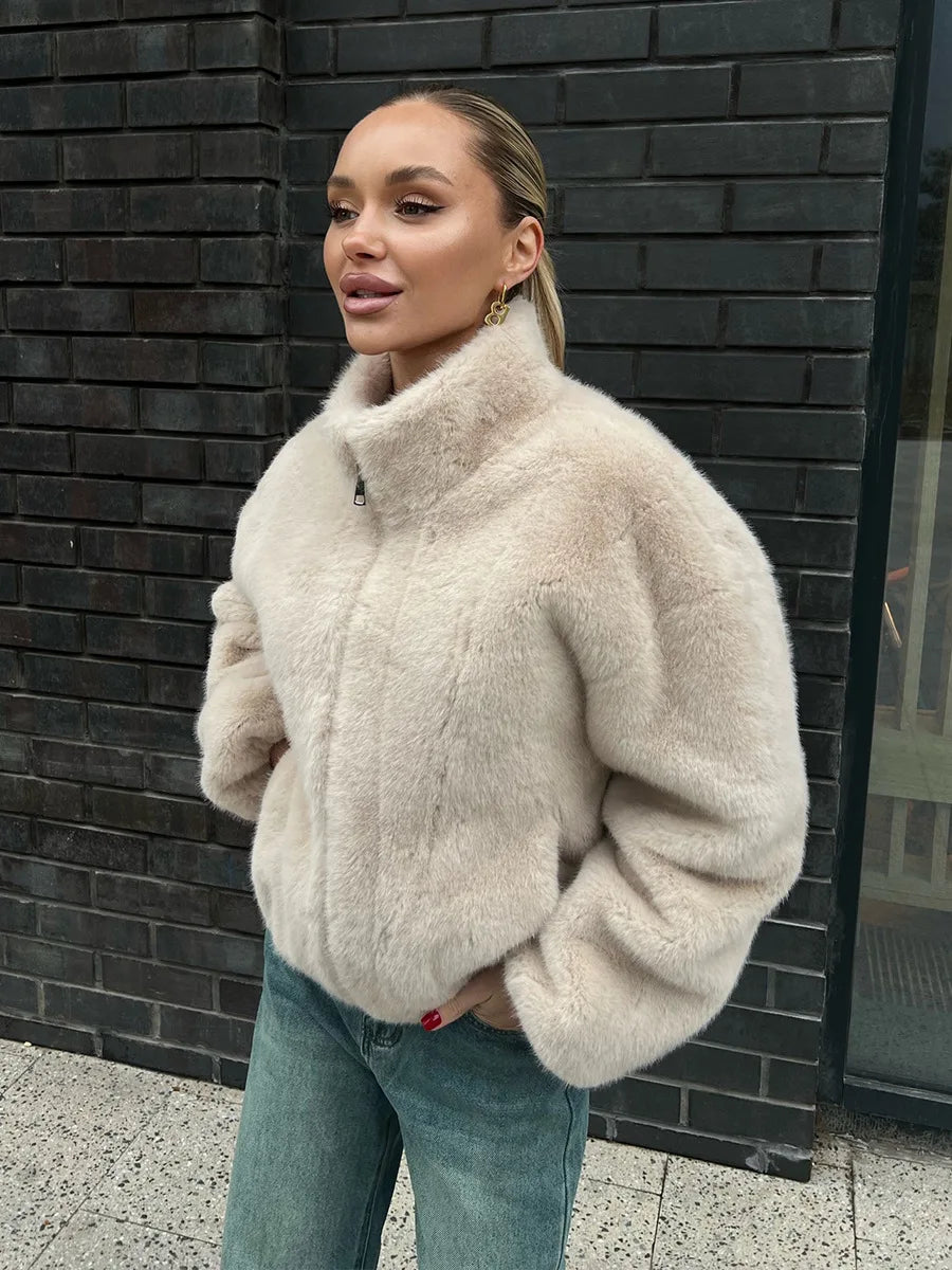 Urban Women Faux Fur Long Sleeve Zipper Jacket