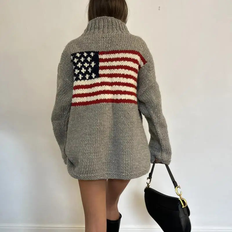 Flag Design Knit Casual Loose Round Neck Sweater