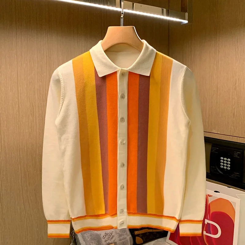 Men's British Style Vertical Stripe Long Sleeved Knitted Cardigan - Premium Cardigan from Craftklart Dropship - Just $28.49! Shop now at Craftklart.store