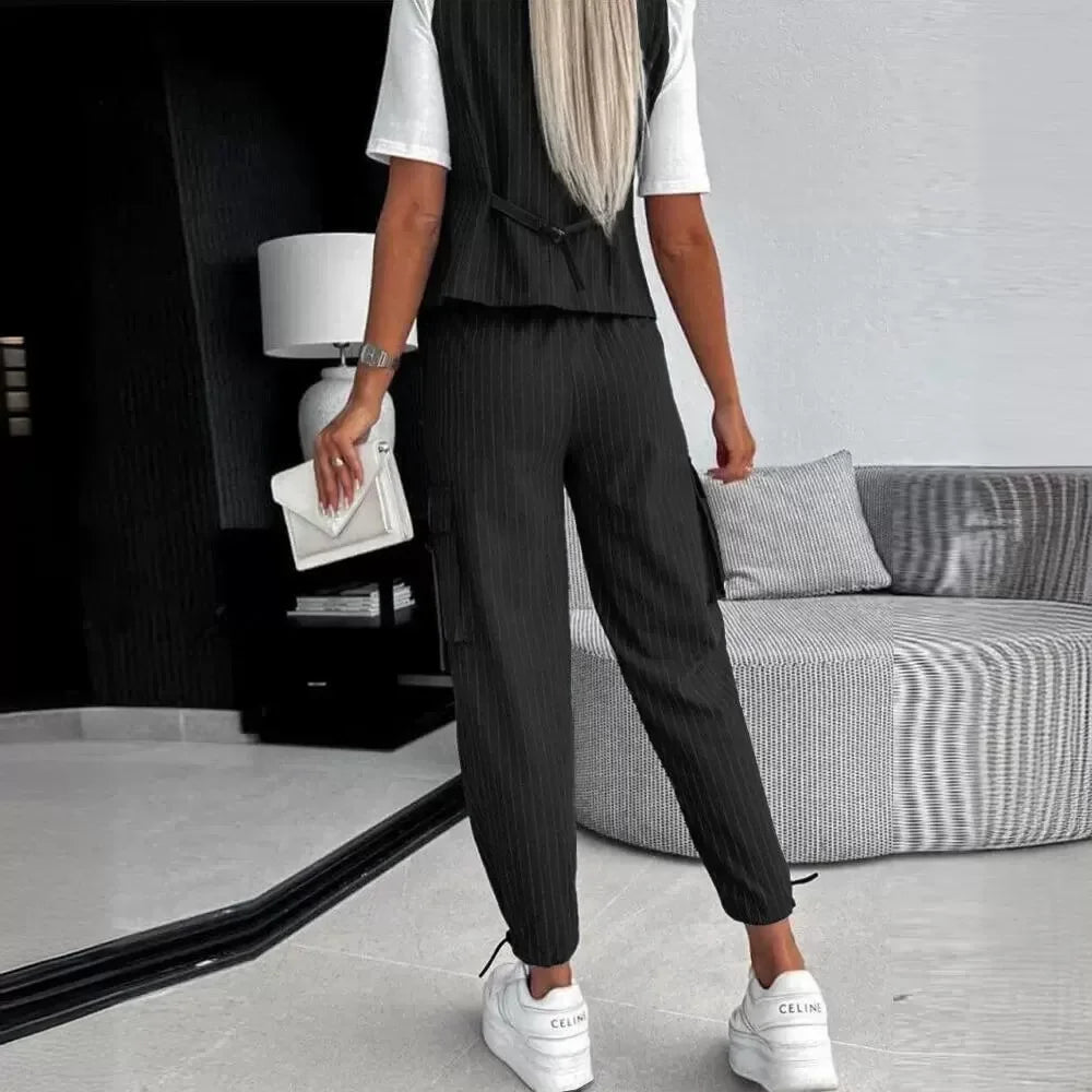 Women White Striped Sleeveless Vest Set - Premium Sets from Craftklart.store - Just $14.59! Shop now at Craftklart.store