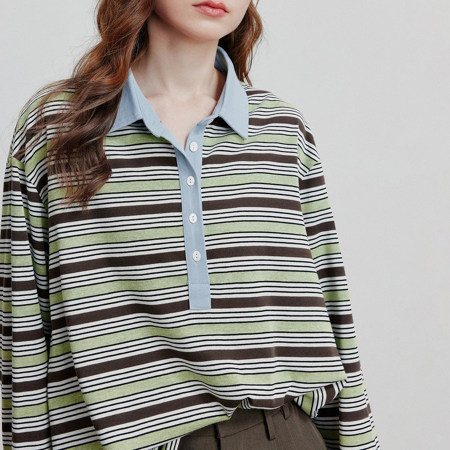 Striped Turn Down Collar Contrasting Casual Pullover Tops