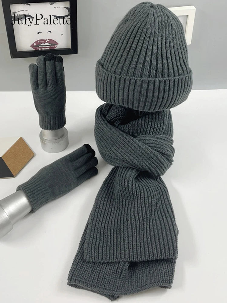 3Pcs Knitted Set Winter Warm Beanie Hat Long Scarf & Gloves - Craftklart.store