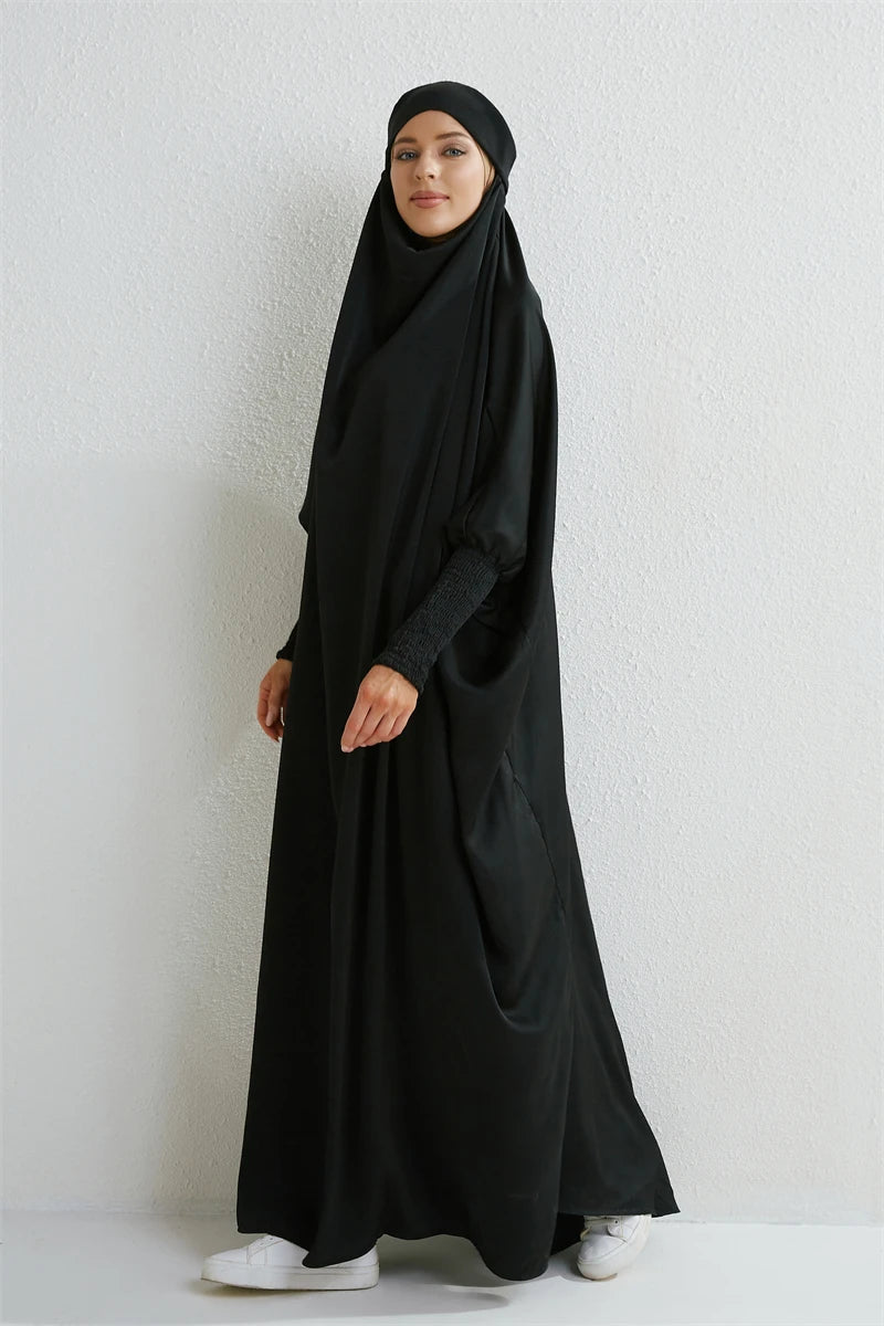 Women's Urban Flowing Hooded Abaya with Smocking Sleeve One-piece