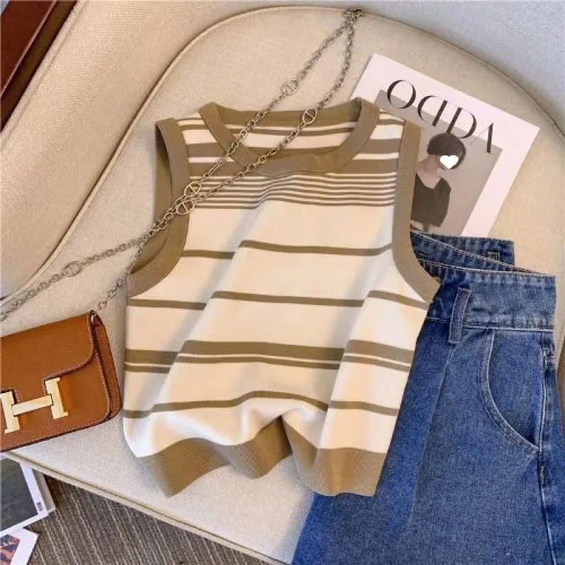 Women's Striped Knitting Sleeveless Contrasting Tops (Pink/Black and White) - Premium Shirts & Tops from Craftklart Dropship - Just $6.20! Shop now at Craftklart.store