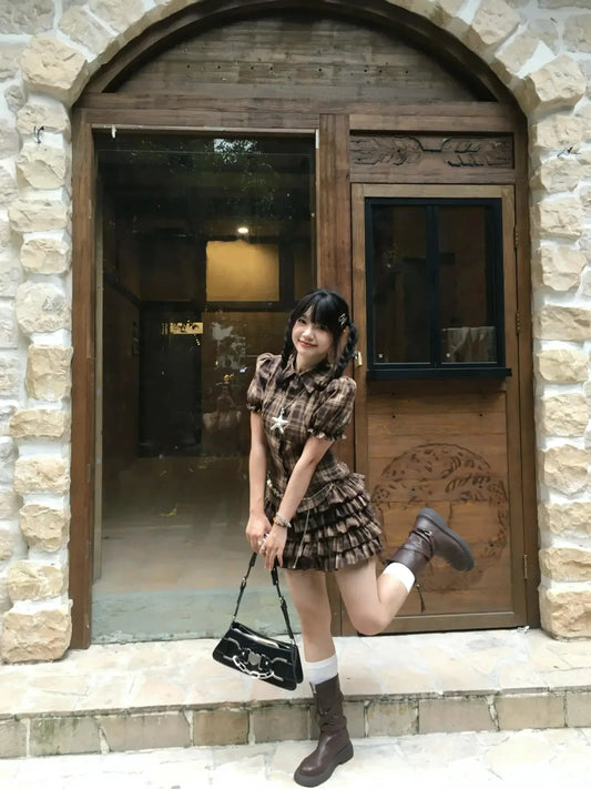 Y2K plaid mini dress 2-piece set by Urban Fashion & Streetwear, featuring a stylish plaid pattern and modern streetwear style.