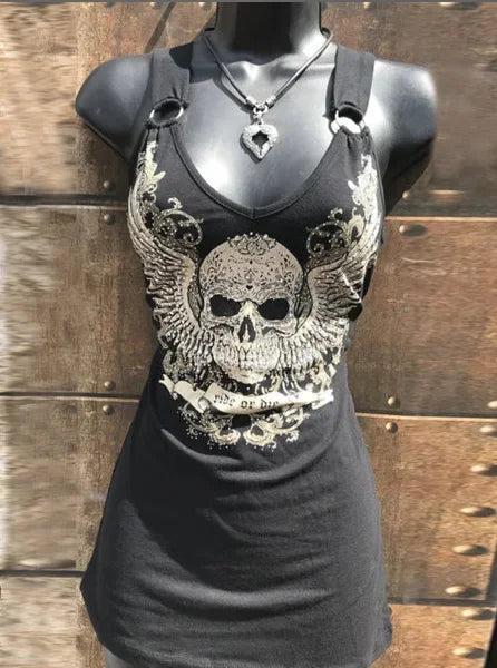 Women's Urban Punk Round Neck Long Slim Fit Skull Top