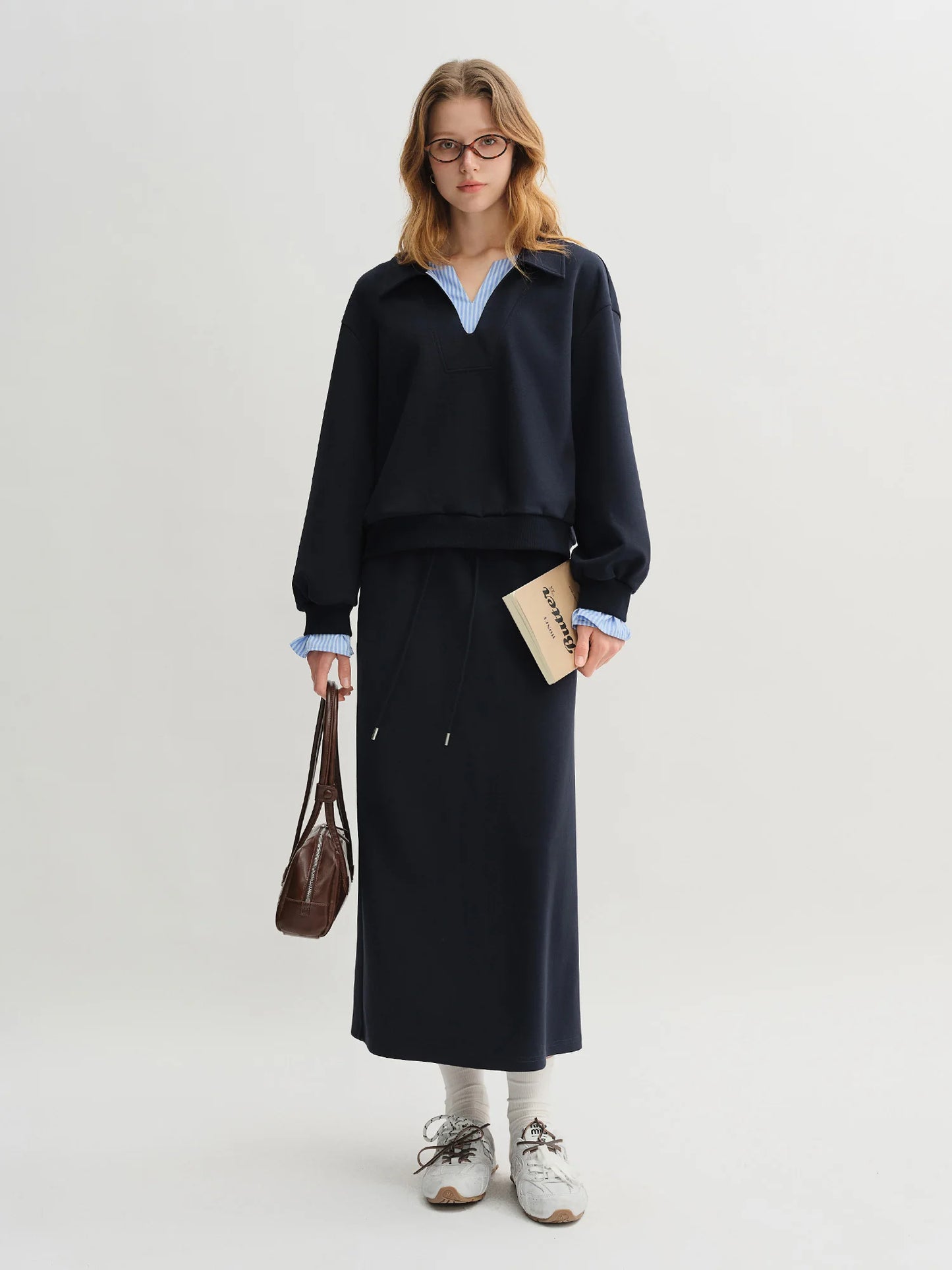 Plus Size Navy Blue Long Sleeve Top Skirt Fashion Set - Craftklart.store