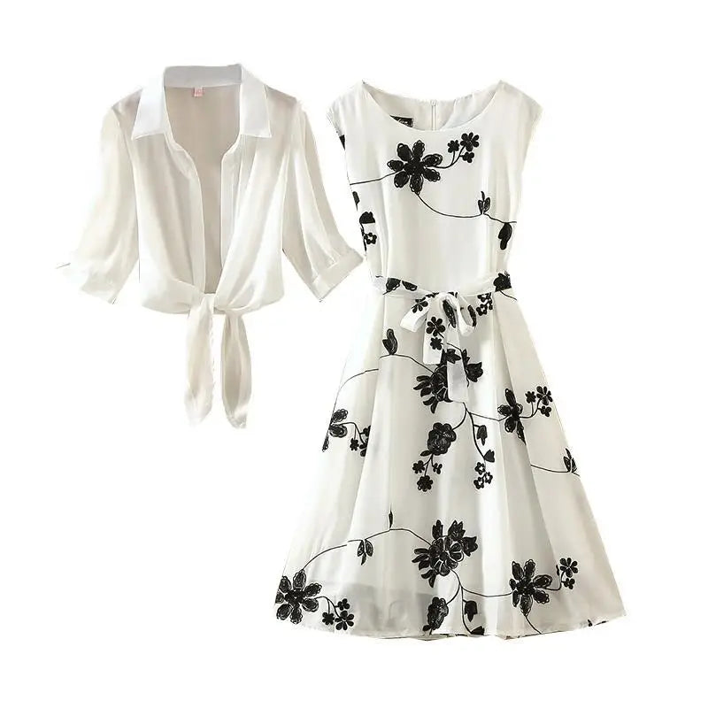 Dress High Waist Sleeveless Slim A-line Skirt Floral Embroidery White Top - Premium Set from Craftklart Dropship - Just $19.55! Shop now at Craftklart.store